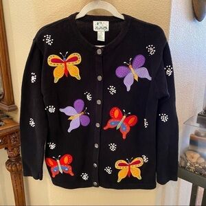 Vtg THE QUACKER FACTORY Women Embroidered Butterfly Cardigan Sweater Size Small